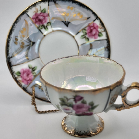 Vintage Bone China Cup & Saucer Set Rose Pattern Lusterware Interior Gold Gilt - Picture 1 of 6